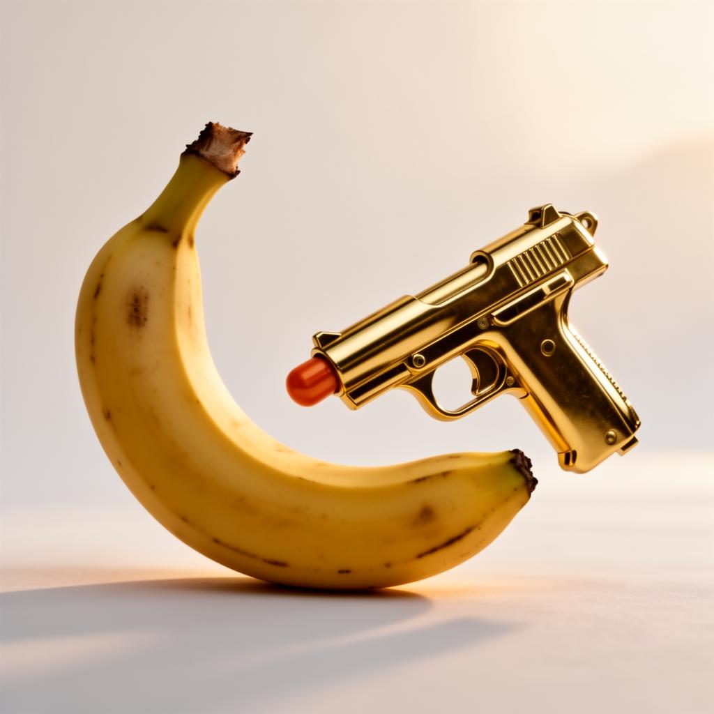 A banana morphing into a golden toy weapon